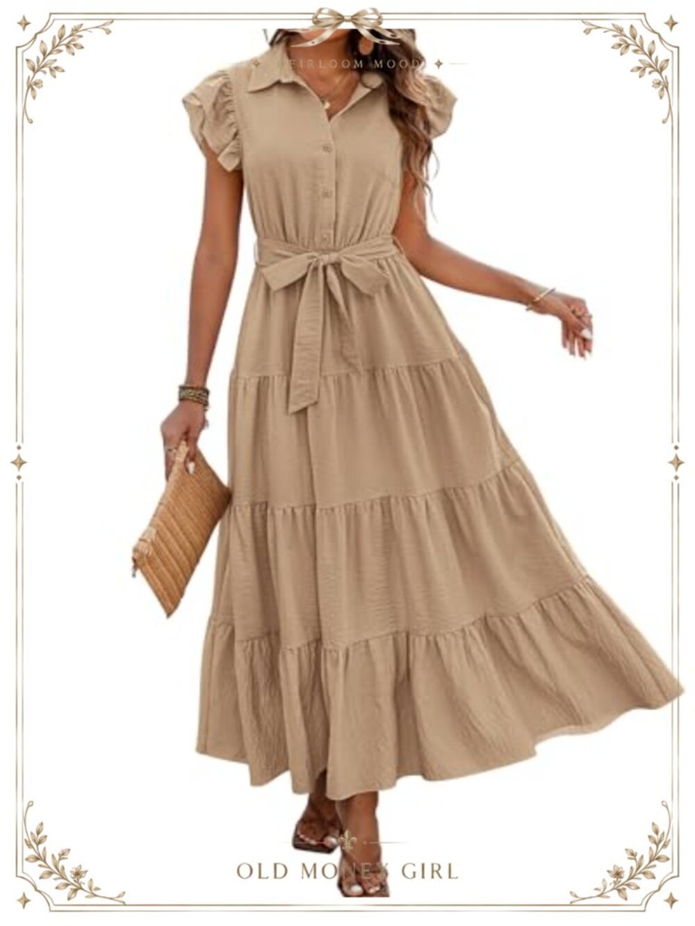 Women's V Neck Button Tiered Boho Maxi Dress with Pockets Cap Sleeve
